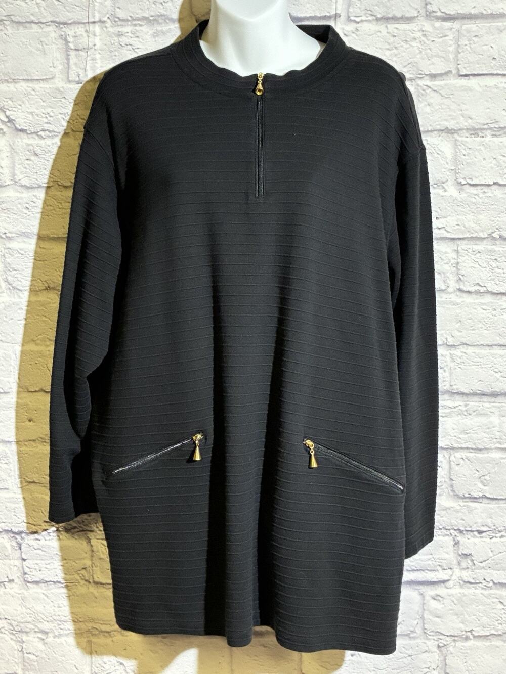 Bechamel Black Textured Tunic Top XL Gold Zipper Pockets Cotton